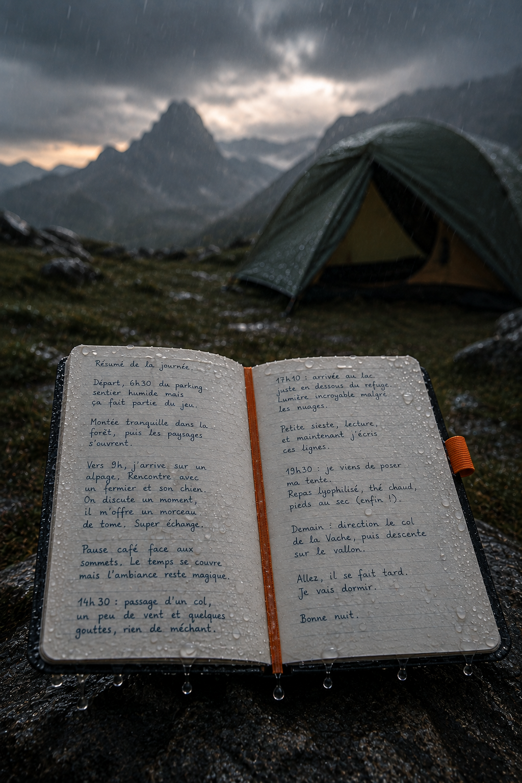 Carnet de randonnée ouvert sous la pluie en bivouac