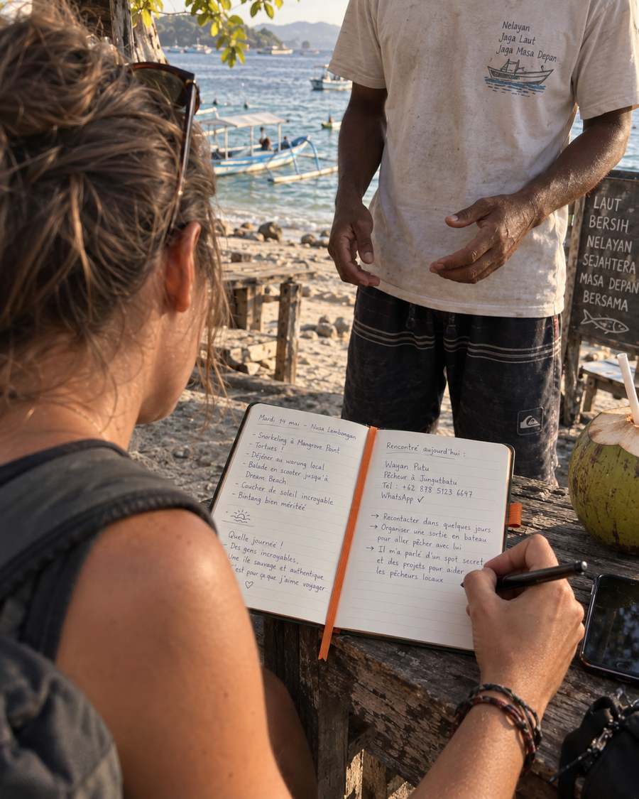 Prise de note sur le carnet de voyage wilderpad