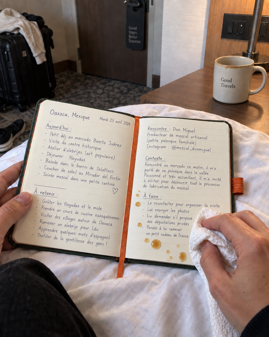 Carnet en cours d'essuyage suite à du café renversé, les feuilles sont déperlantes